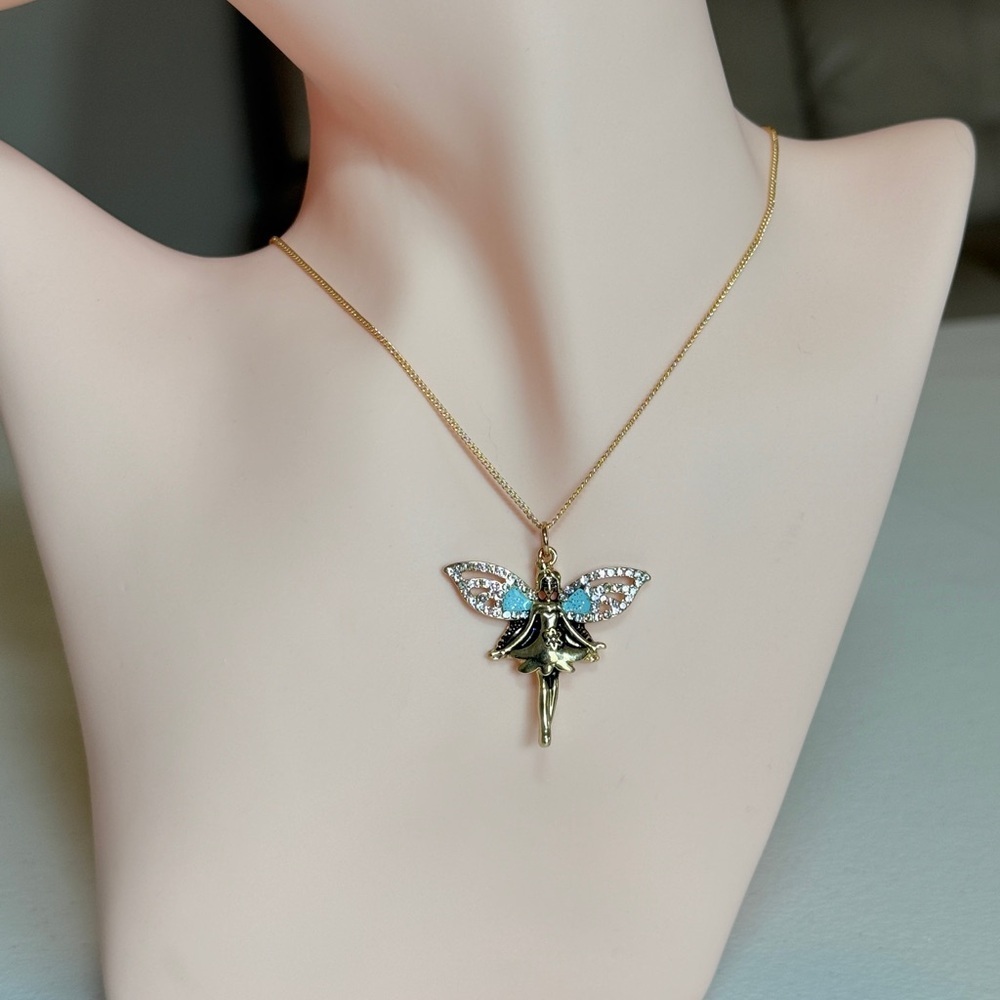 Gold Fairy Pendant Necklace with Aqua and Clear Crystals